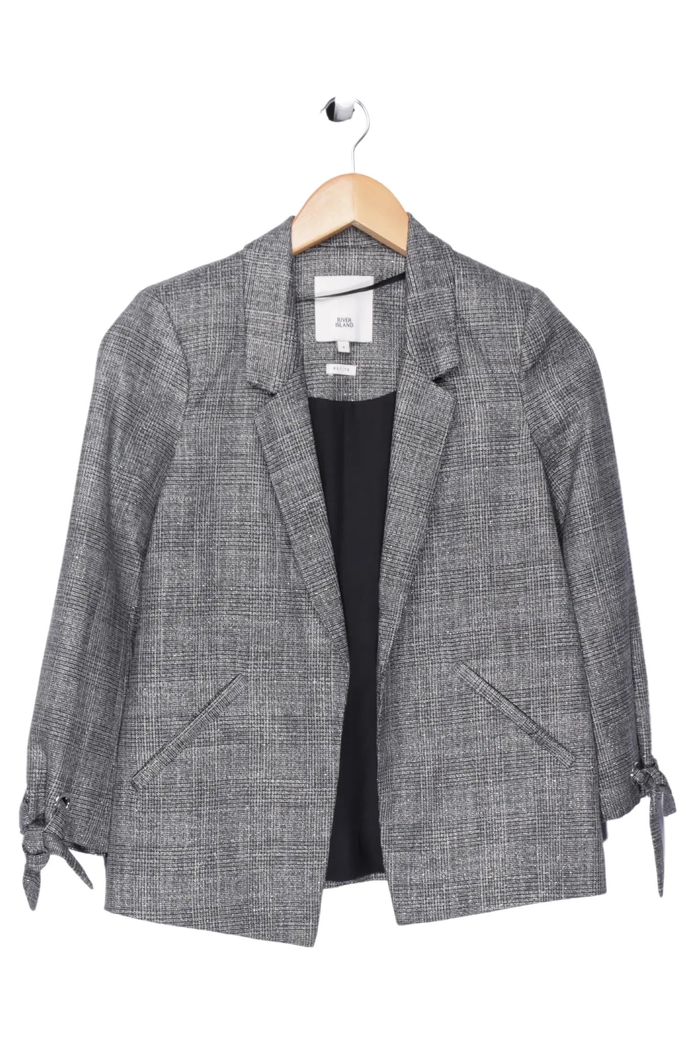 RIVER ISLAND Damen Blazer Grau Kariert Business Elegant Gr. 30/XXS Schleifenärmel