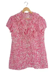 Vorschaubild 1 von Damen Bluse Gr. 38 Pink Tierdruck Rüschen Kurzarm Feminin