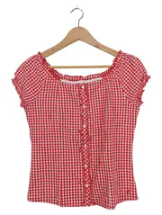 Vorschaubild 1 von Damen Bluse kariert Rot Weiß Gr. 40/L Rüschen Spitze Baumwolle Casual