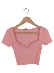 Vorschaubild 1 von Damen Top Pink Gr. 38/M Modisch Rippstrick Kurzarm