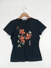 Vorschaubild 2 von Damen T-Shirt Gr. 40 Schwarz Blumenprint Schriftzug Casual