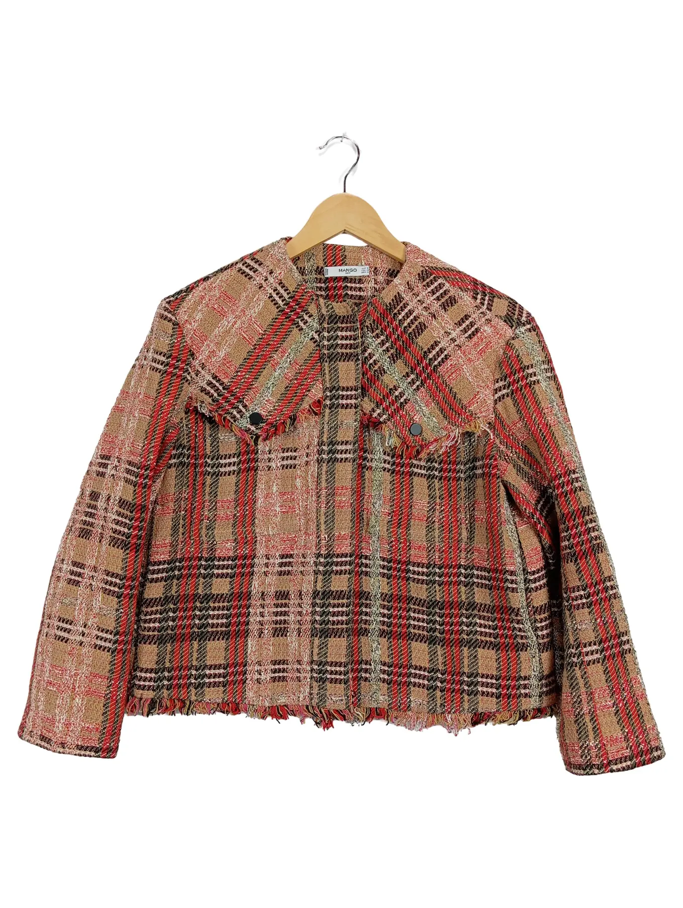 MANGO Damen Blazer S Kariert Kurzblazer Rot Modern Baumwolle