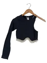 Vorschaubild 1 von Damen Glamourös Rippstrick Crop Top Langarm Strass Schwarz L