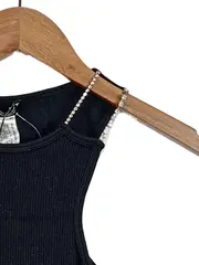 Vorschaubild 2 von Damen Glamourös Rippstrick Crop Top Langarm Strass Schwarz L