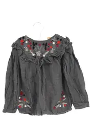 Vorschaubild 1 von Kinder Bluse Gr. 98 Grau Langarm Blumenmuster Stickerei Rüschen Vintage