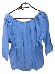Vorschaubild 7 von Damen Bluse Gr. 38 M Hellblau Off-Shoulder Stickerei Baumwolle