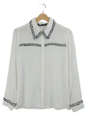 Vorschaubild 1 von Damen Bluse Weiß Schmuckbesatz Elegant Langarm Gr. XS