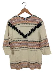 Vorschaubild 1 von Damen Pullover Gr. 38/M Beige Ethno Bohemian Quasten 3/4-Arm