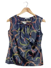 Vorschaubild 2 von CASSANI Damen Bluse Gr. 38/M Blau Kettenmuster ärmellos Casual