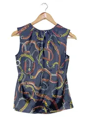 Vorschaubild 3 von CASSANI Damen Bluse Gr. 38/M Blau Kettenmuster ärmellos Casual