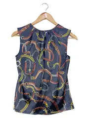 Vorschaubild 4 von CASSANI Damen Bluse Gr. 38/M Blau Kettenmuster ärmellos Casual