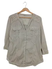 Vorschaubild 1 von Hemdbluse Damen Gr. 40 Beige Casual Spitze 3/4 Arm Bluse