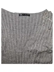 Vorschaubild 2 von Damen Strickkleid Gr. L Grau Langarm V-Ausschnitt Rippstrick Midi