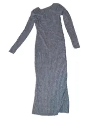 Vorschaubild 3 von Damen Strickkleid Gr. L Grau Langarm V-Ausschnitt Rippstrick Midi