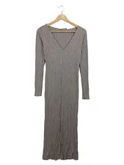 Vorschaubild 1 von Damen Strickkleid Gr. L Grau Langarm V-Ausschnitt Rippstrick Midi