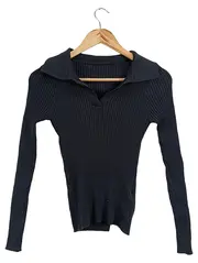 Vorschaubild 1 von Damen Rippstrick Langarmshirt Polokragen Schwarz Gr. L