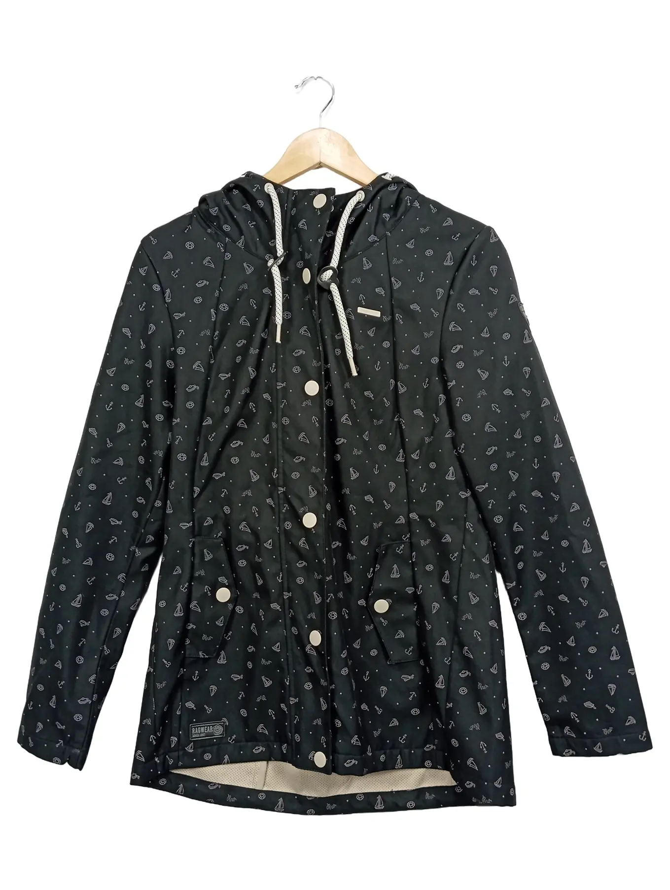 RAGWEAR Damen Leichte Jacke Gr. 38 Maritim Muster Schwarz mit Kapuze