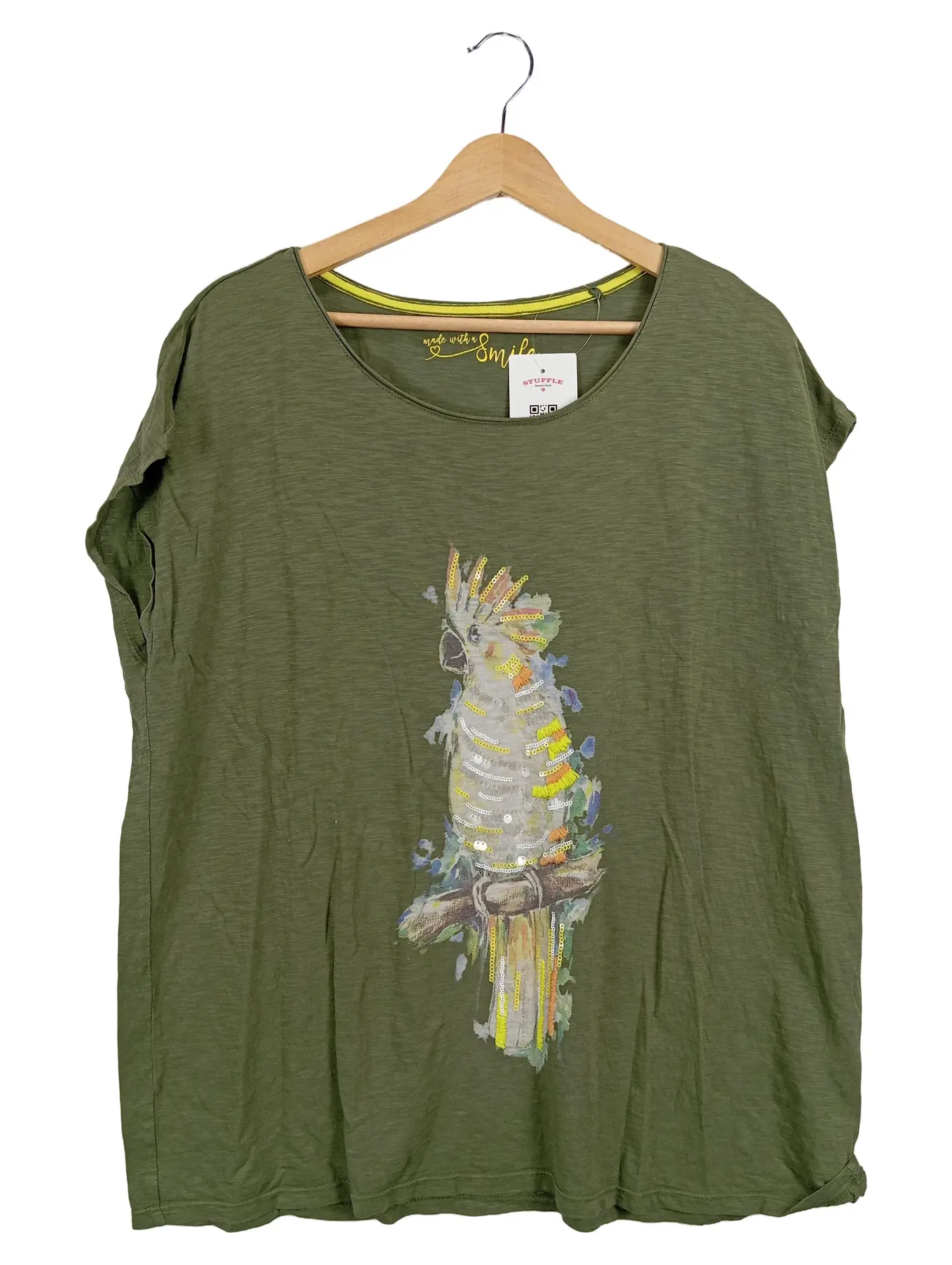 S.OLIVER Damen T-Shirt Gr. 44/XXL Oliv Papageien-Print Pailletten