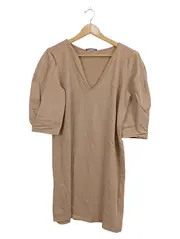 Vorschaubild 1 von Damen Sommerkleid V-Ausschnitt Puffärmel Beige Gr. 38/M