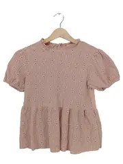 Vorschaubild 1 von Mädchen Bluse Gr. 140 Rosa Lochmuster Puffärmel Rüschen