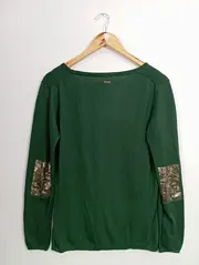 Vorschaubild 2 von Damen Pullover Gr. 38/M Grün Casual Langarm Pailletten Knöpfe