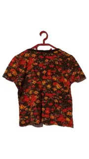 Vorschaubild 3 von Damen T-Shirt Gr. 38 Blumenmuster V-Ausschnitt Braun Retro