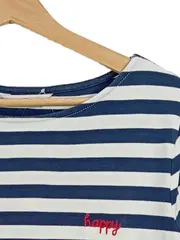 Vorschaubild 2 von Damen Langarmshirt Gr. 40/L Blau Gestreift Casual Happy Schriftzug