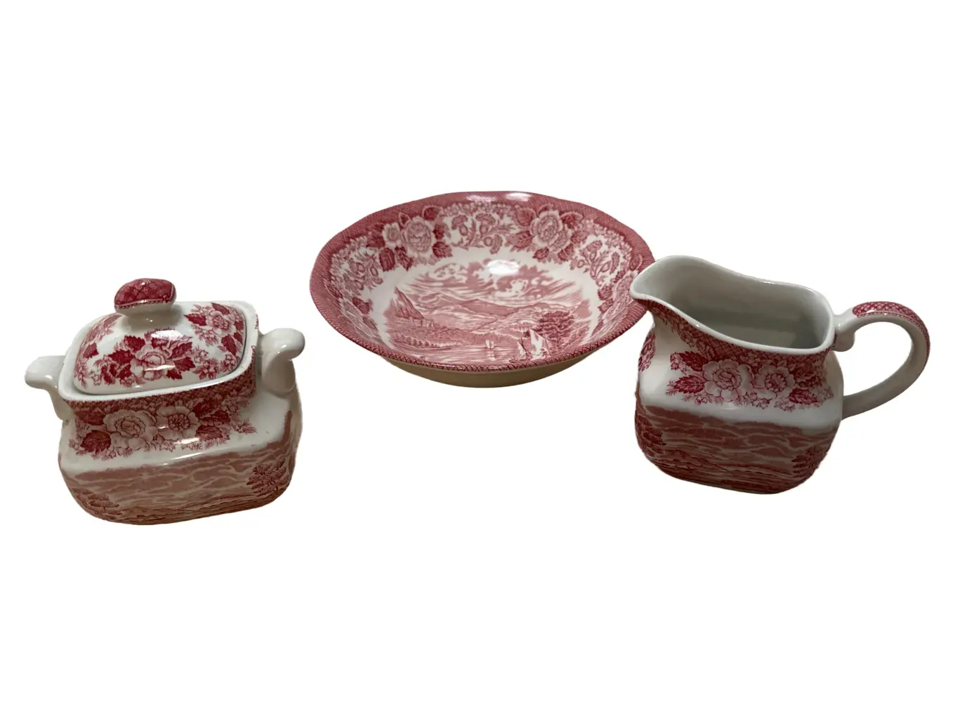 ENOCH WEDGWOOD Loch Katrine Milch Zucker Set Vintage Porzellan Rot Blumen