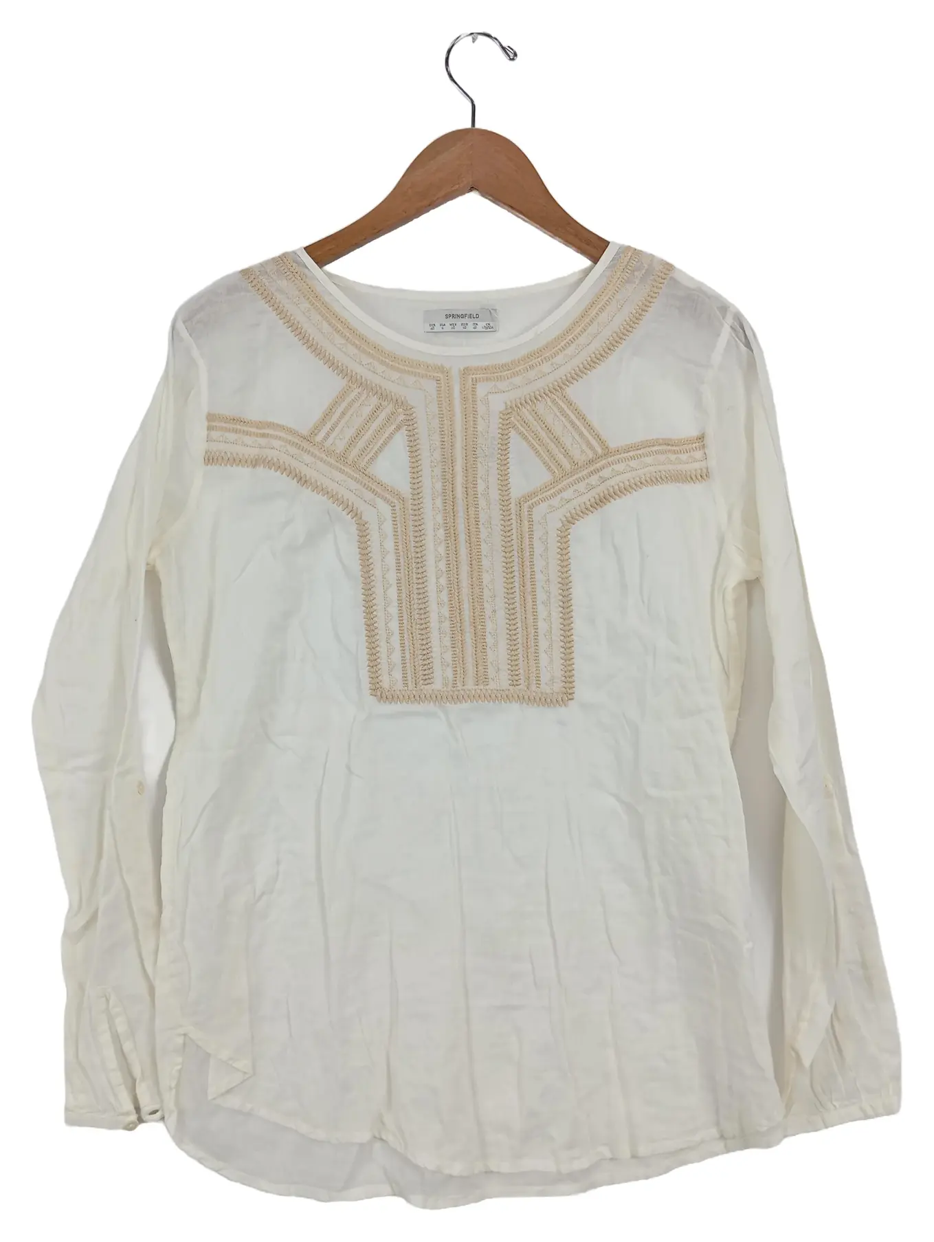 SPRINGFIELD Damen Bluse Gr. 40 Weiß mit Stickerei Casual Langarm