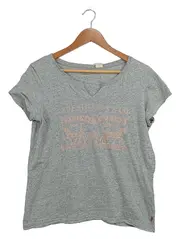 Vorschaubild 2 von Damen T-Shirt Gr. L Grau V-Ausschnitt Logo Print Baumwolle