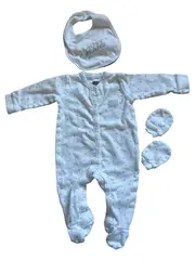 Vorschaubild 1 von Baby Set Strampler Mütze Lätzchen Handschuhe Gr. 62 Weiß Sterne