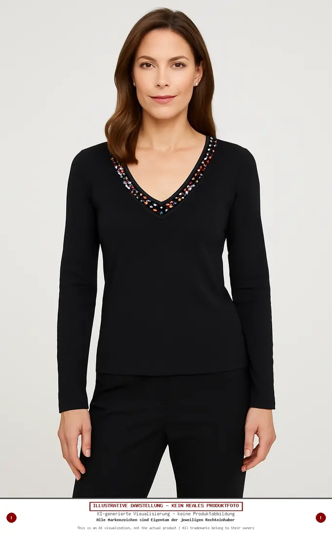 COMMA Damen Langarmshirt 38 Schwarz Elegant Pailletten Strass