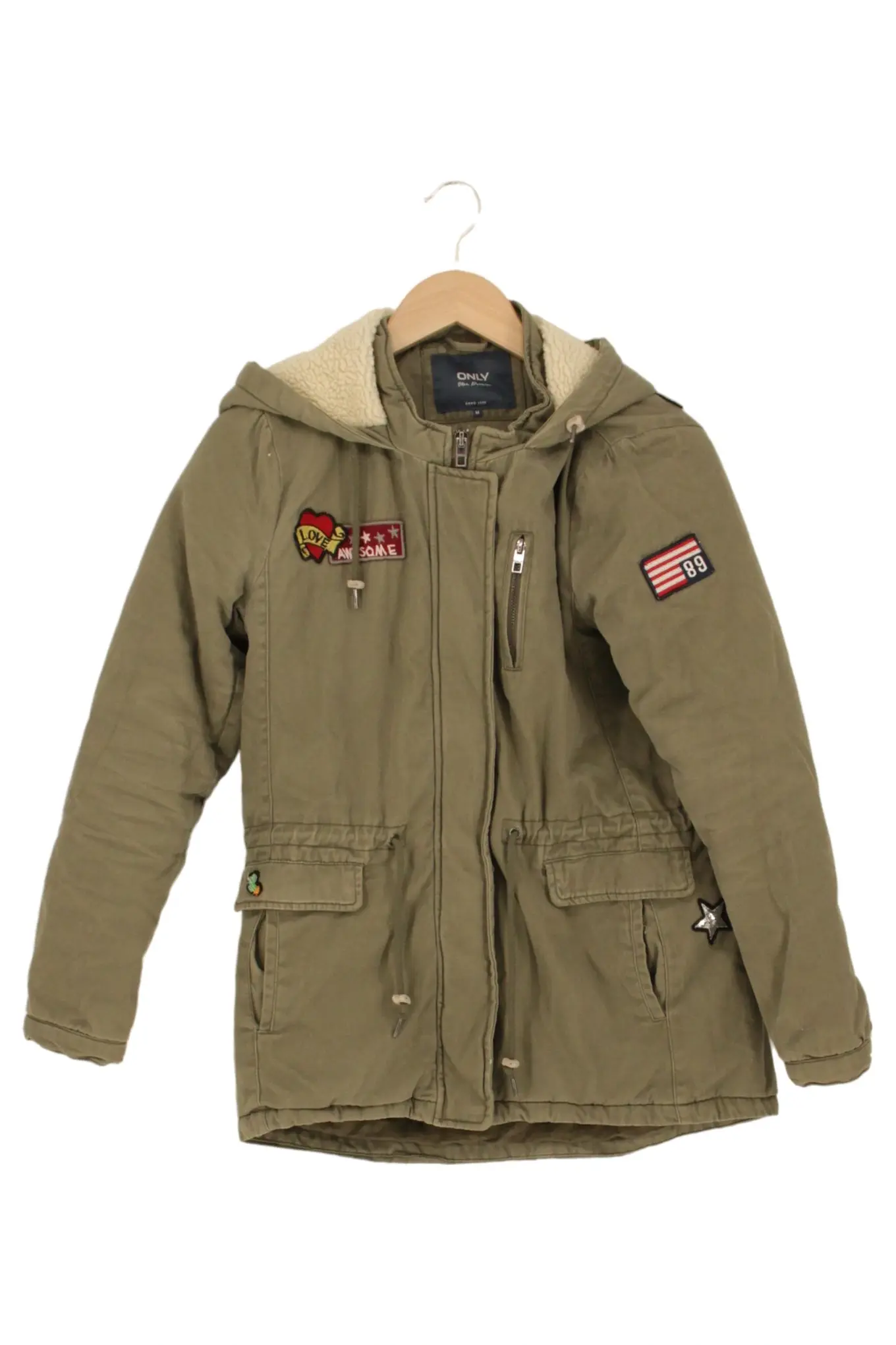 ONLY Damen Parka Gr. 38/M Grün Kapuze Teddyfutter Baumwolle Casual