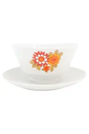Vorschaubild 1 von Vintage Tasse mit Unterteller Porzellan Blumen Retro 70er Jahre Weiß Orange