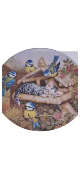 Vorschaubild 1 von Nickerlchen im Vogelhäuschen Wandteller Katze Vogel Keramik 21cm