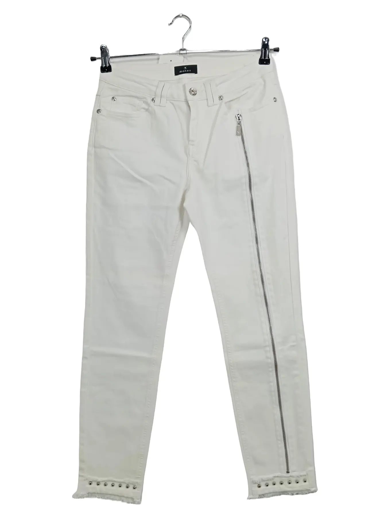 MONARI Damen Jeans Hose Slim Fit Gr. 36 Weiß mit Reißverschluss Nieten