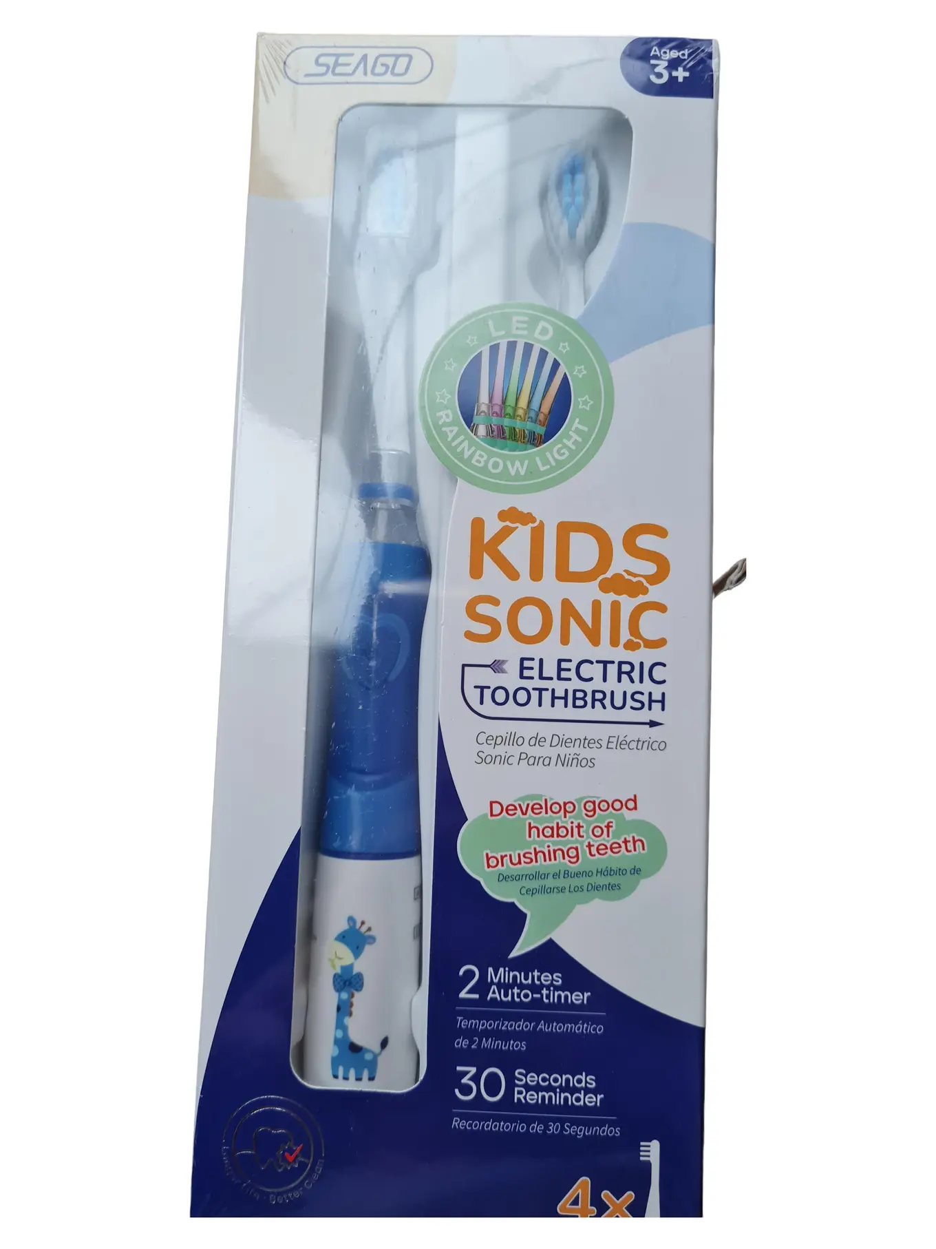 SEAGO KIDS SONIC Elektrische Zahnbürste Kinder Blau LED Timer 4x Bürstenköpfe