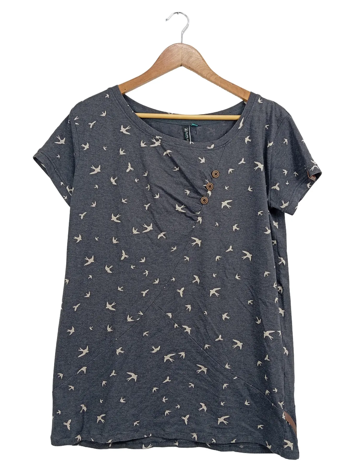 ALIFE & KICKIN Damen T-Shirt Grau XL Vogelmuster Kurzarm Casual