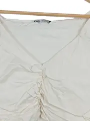Vorschaubild 3 von Damen Bluse Kurzarm Raffung V-Ausschnitt Beige Gr. L