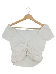 Vorschaubild 2 von Damen Bluse Kurzarm Raffung V-Ausschnitt Beige Gr. L