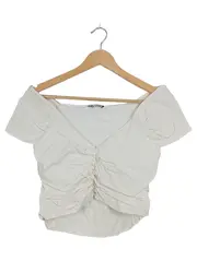 Vorschaubild 1 von Damen Bluse Kurzarm Raffung V-Ausschnitt Beige Gr. L