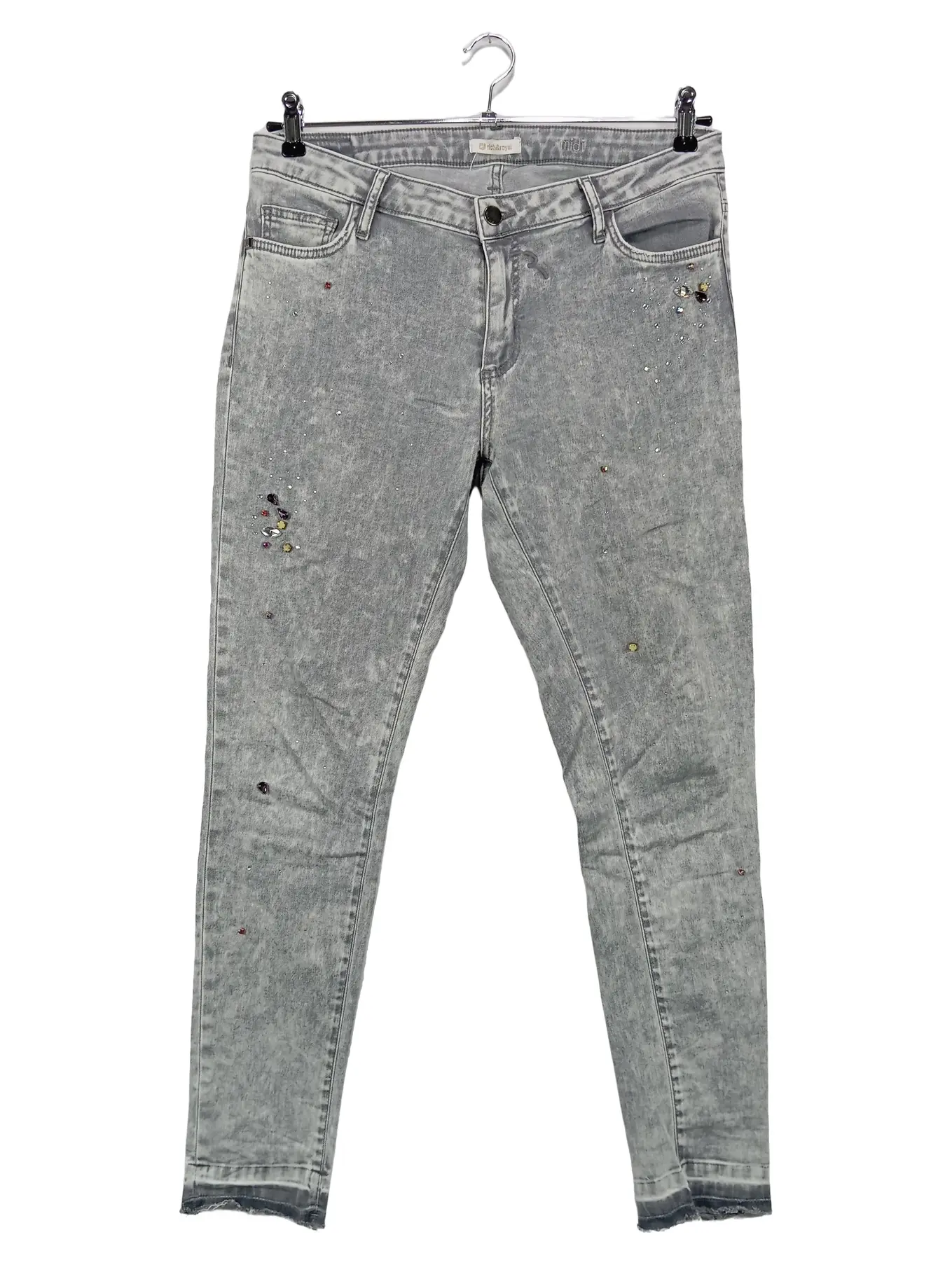 RICH & ROYAL Damen Jeans Skinny Fit W32 Grau Strasssteine Casual