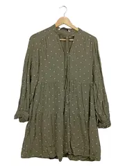 Vorschaubild 1 von Damen Tunikakleid Gr. XS Oliv Gepunktet Boho Langarm Viskose