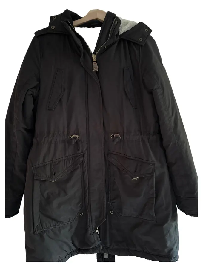 ESPRIT Damen Parka 38/M Schwarz Casual Kapuze Fellbesatz