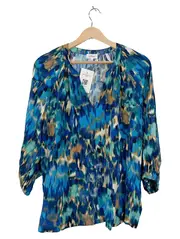 Vorschaubild 1 von Damen Bluse Gr. 46 Blau Abstrakt V-Ausschnitt 3/4-Arm Viskose