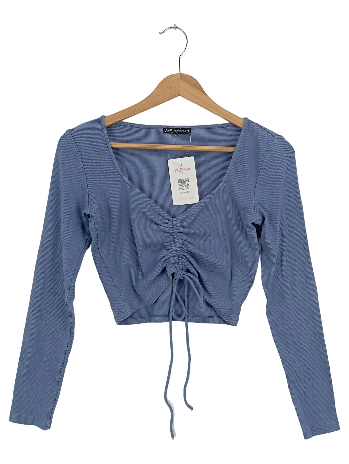 ZARA Damen Langarmshirt Blau Gr. 40/L Rippstrick Cropped Gerafft V-Ausschnitt