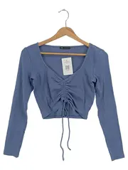Vorschaubild 1 von Damen Langarmshirt Blau Gr. 40/L Rippstrick Cropped Gerafft V-Ausschnitt