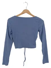 Vorschaubild 2 von Damen Langarmshirt Blau Gr. 40/L Rippstrick Cropped Gerafft V-Ausschnitt