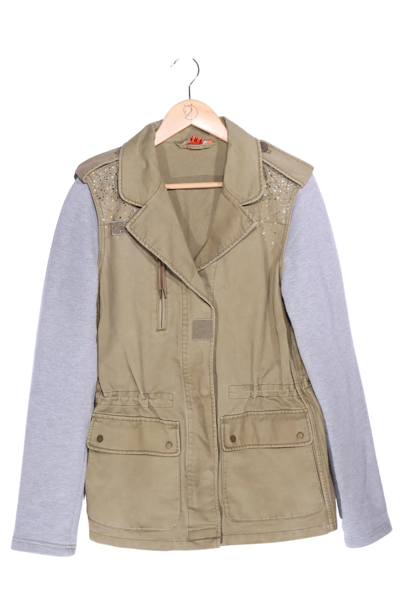 ONLY Damen Leichte Jacke Gr. 40/L Grün Strass Kapuze Baumwolle Casual