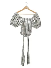 Vorschaubild 1 von Damen Bluse kariert Raffung Schleife Cropped Kurzarm weiß XS